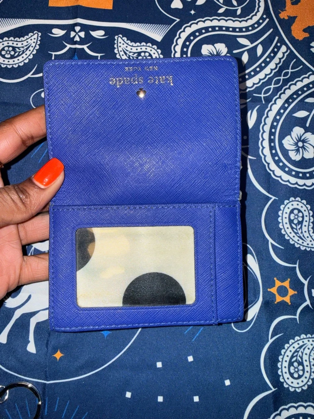 kate spade Blue Saffiano Leather Compact Wallet with Gold Logo